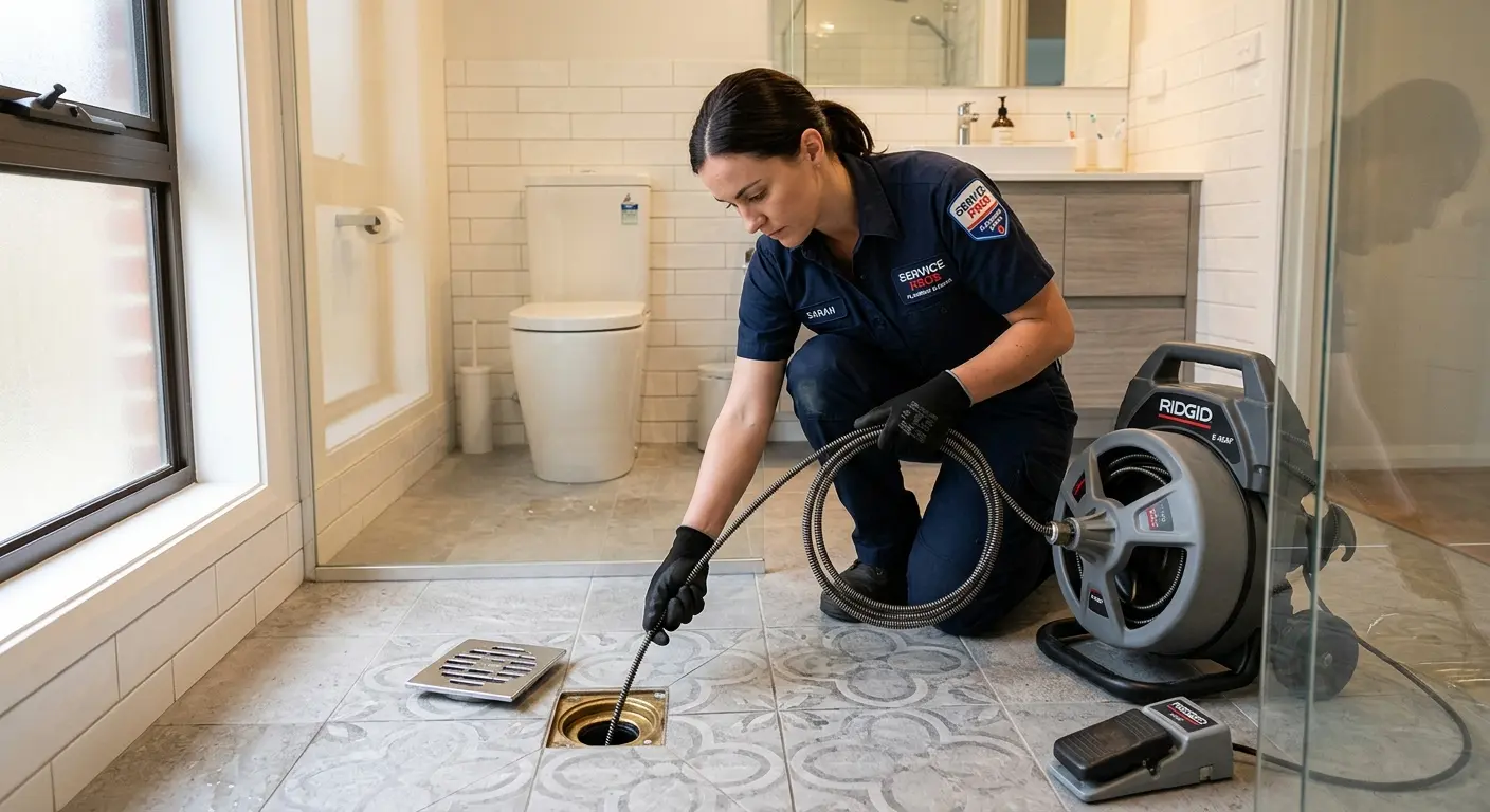 Technician clearing a bathroom floor drain for Drain Repair in Granby